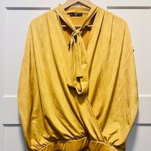 Zara Collection women’s gold top with neck bow detail, size L